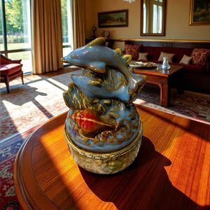 Dolphin and Shell Vintage Ceramic Figure Trinket Box with Gold Accent Bow Clasp